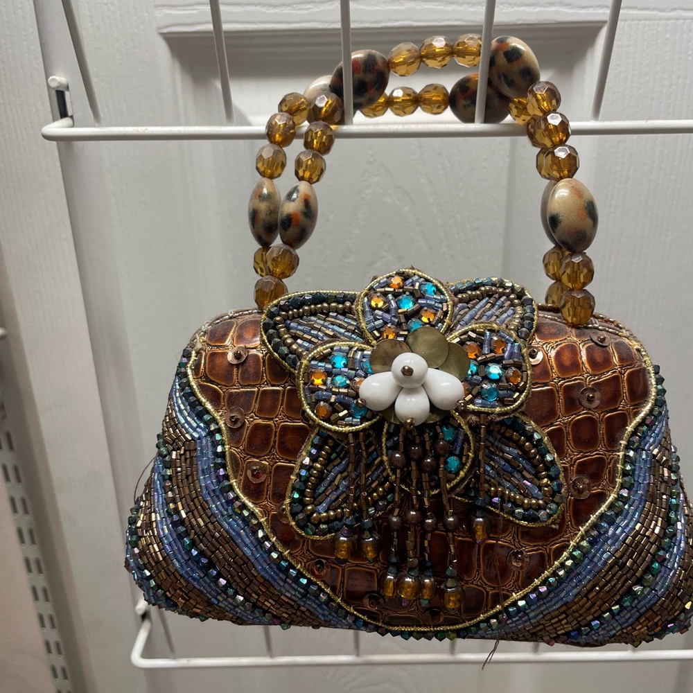 Beaded Floral Accent Brown Evening Top-Handle Bag